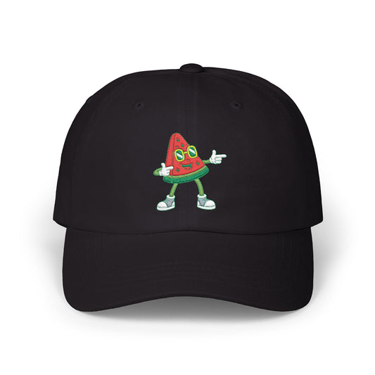 Black cap with a cartoon watermelon design on a white background