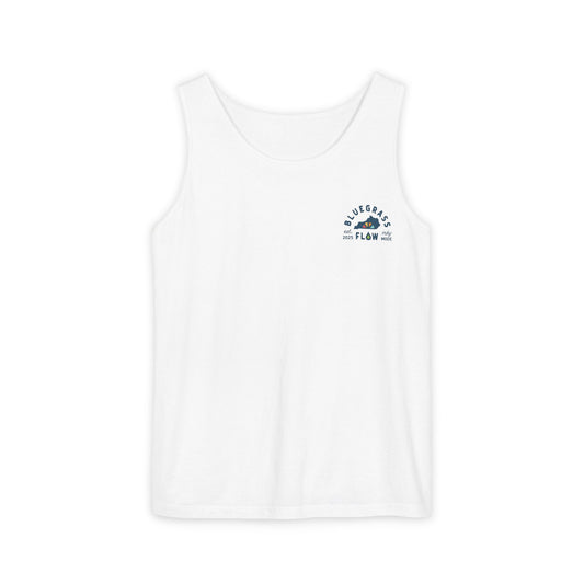 White tank top with a bluegrass flow logo on a white background
