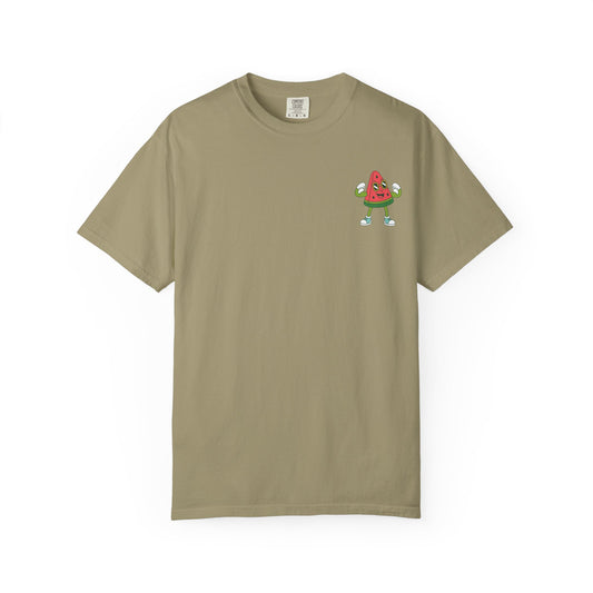 Khaki t-shirt with Mel the Melon flexing on a white background