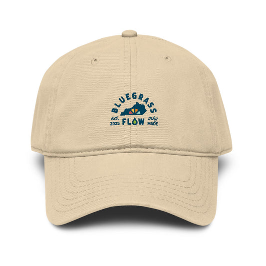 Beige cap with 'Bluegrass Flow' logo on a white background