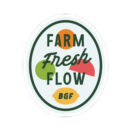 Round sticker with 'Farm Fresh Flow' text and colorful graphics on a white background