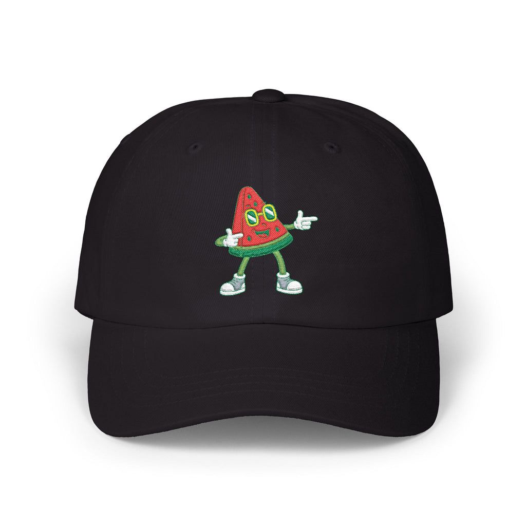 Black cap with a cartoon watermelon design on a white background