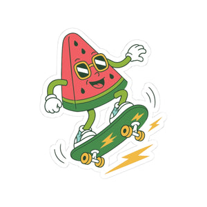 Cartoon watermelon character on a skateboard with lightning bolt details