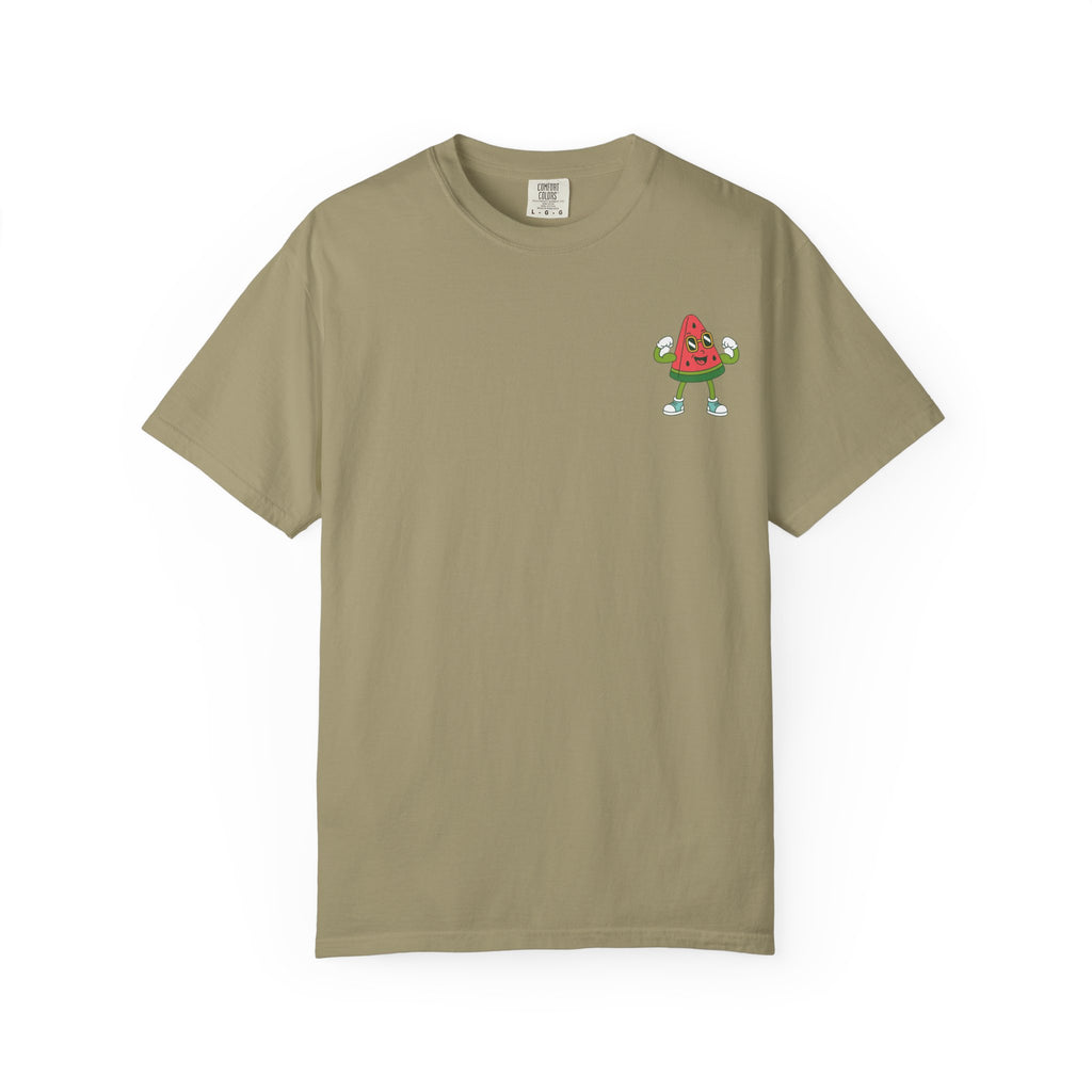 Khaki t-shirt with Mel the Melon flexing on a white background