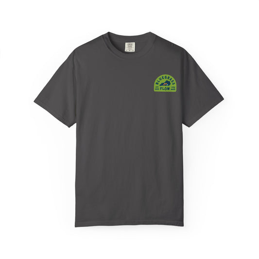 Gray t-shirt with a logo on the chest against a white background