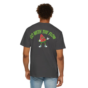Person wearing a dark gray t-shirt with a watermelon character and 'Go With The Flow' text on the back.