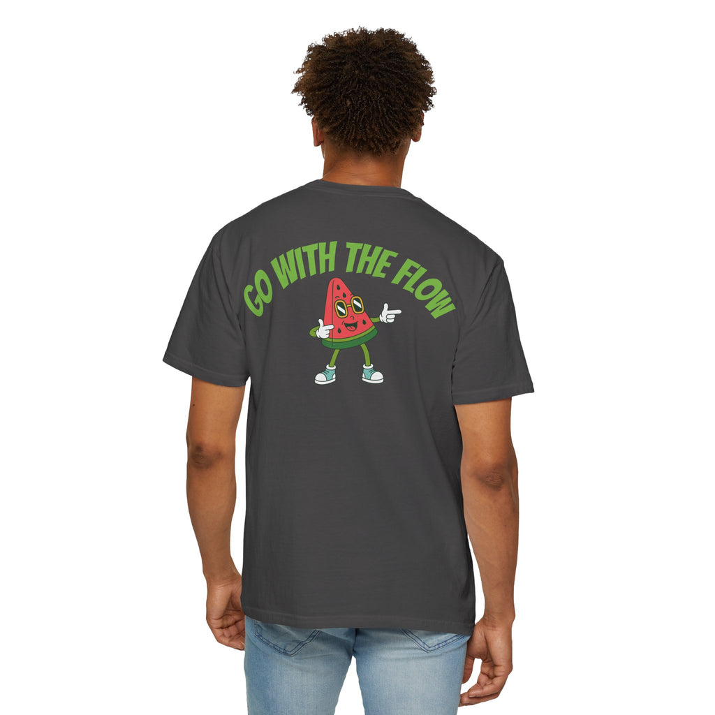 Person wearing a dark gray t-shirt with a watermelon character and 'Go With The Flow' text on the back.