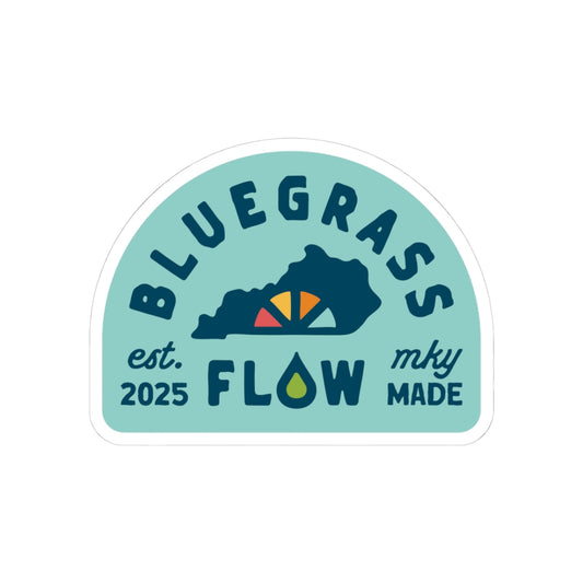Sticker with 'Bluegrass Flow' branding on a light blue background