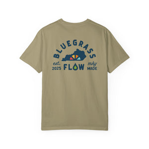 Khaki t-shirt with 'Bluegrass Flow' graphic on a white background
