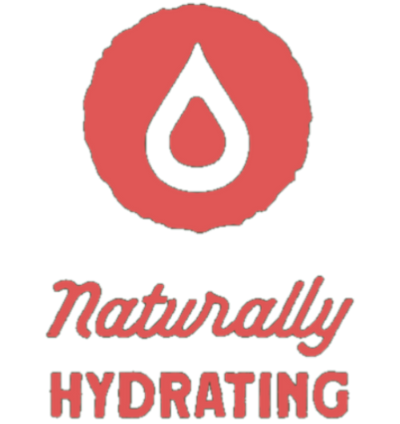 Logo with a red droplet symbol and 'Naturally Hydrating' text on a white background