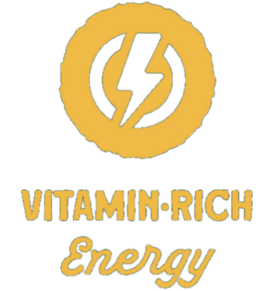 Logo with a yellow circle and white lightning bolt, accompanied by 'Vitamin-Rich Energy' text.