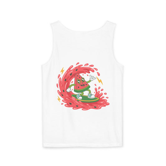White tank top with a bluegrass flow logo on a white background