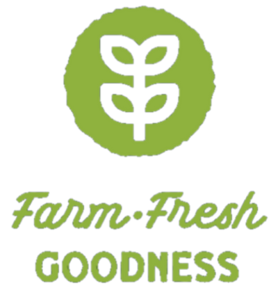 Logo with a white leaf symbol on a green circle, accompanied by the text 'Farm Fresh Goodness' on a white background.