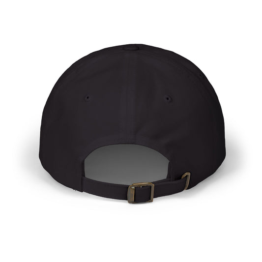 Black cap with a cartoon watermelon design on a white background