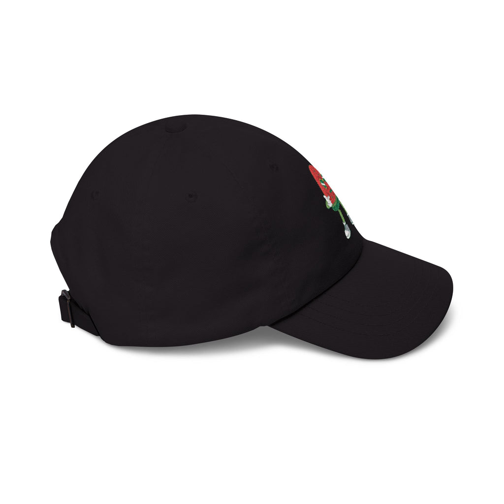 Black cap with a branded bluegrass flow logo on a white background