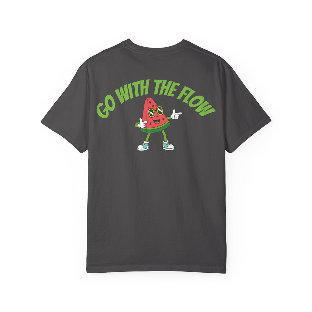 Gray t-shirt with a Mel the Melon watermelon character and 'Go With The Flow' text on a white background