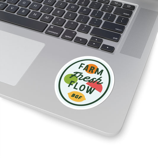 Round sticker with 'Farm Fresh Flow' text and colorful graphics on a white background