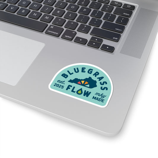 Sticker with 'Bluegrass Flow' branding on a light blue background