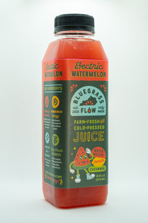 Bottle of Bluegrass Flow Cold-Pressed Juice with electric watermelon flavor on a white background