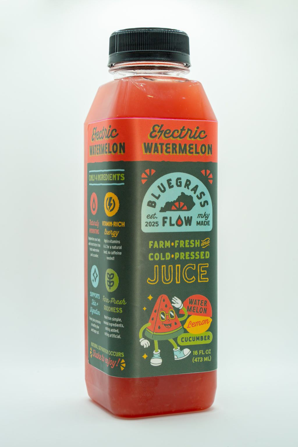 Bottle of Bluegrass Flow Cold-Pressed Juice with electric watermelon flavor on a white background