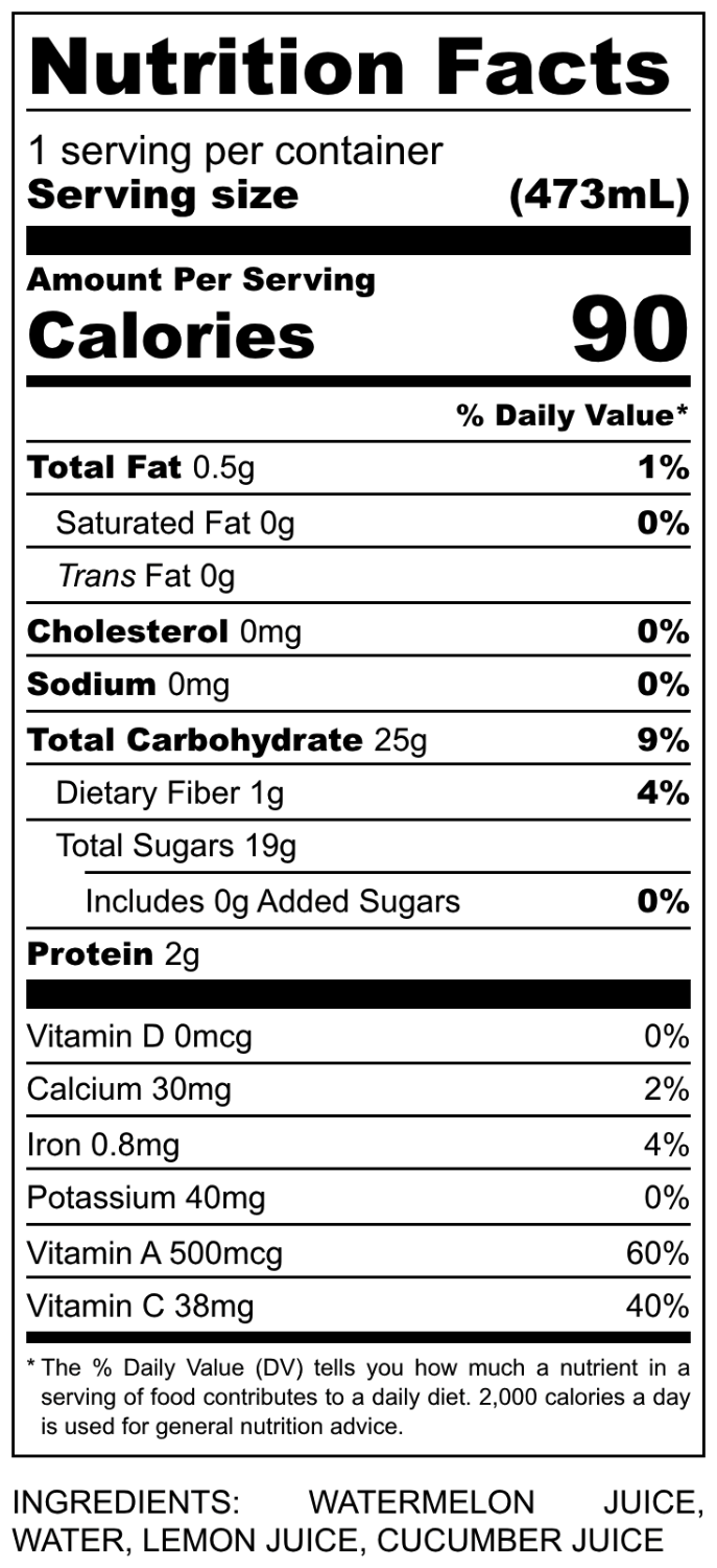 Nutrition facts label for a container of watermelon juice with ingredients listed.