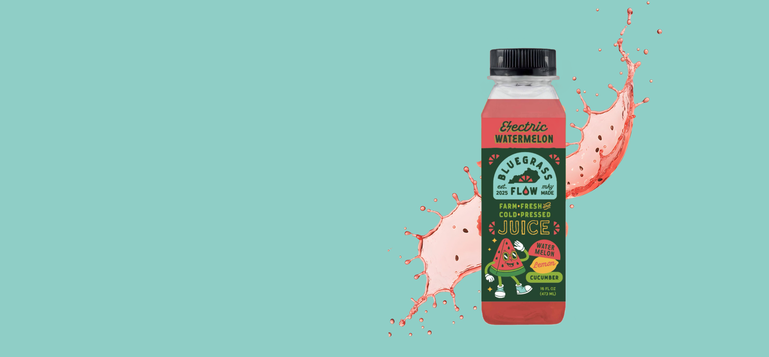 Bottle of Electric Watermelon juice with pink juice splash on a teal background
