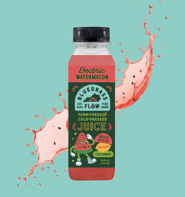 Juice bottle labeled 'Electric Watermelon' with a splash effect on a teal background